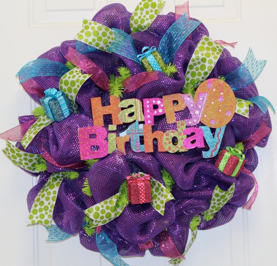 Happy Birthday  Purple Mesh Wreath 