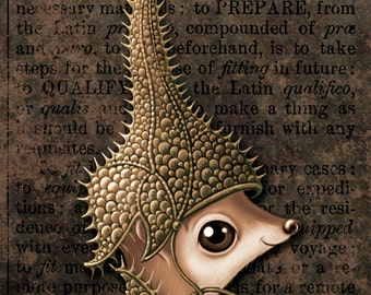 Weird cute sepia print 4x6, Come Try My Helmet On (Tincture): Small furry creature in fantasy armor. Whimsical animal art, Oddity curiosity
