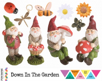 GARDEN CLIP ART • Digital Summer, Gnome, Flower, Insect, Bee, Daisy, Dragonfly, Ladylip Art • Instant Download • png • 300 dpi • rgb •