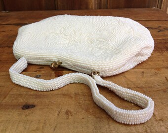 White Beaded Purse, Silk Satin Micro Beaded Handbag, Beaded Strap