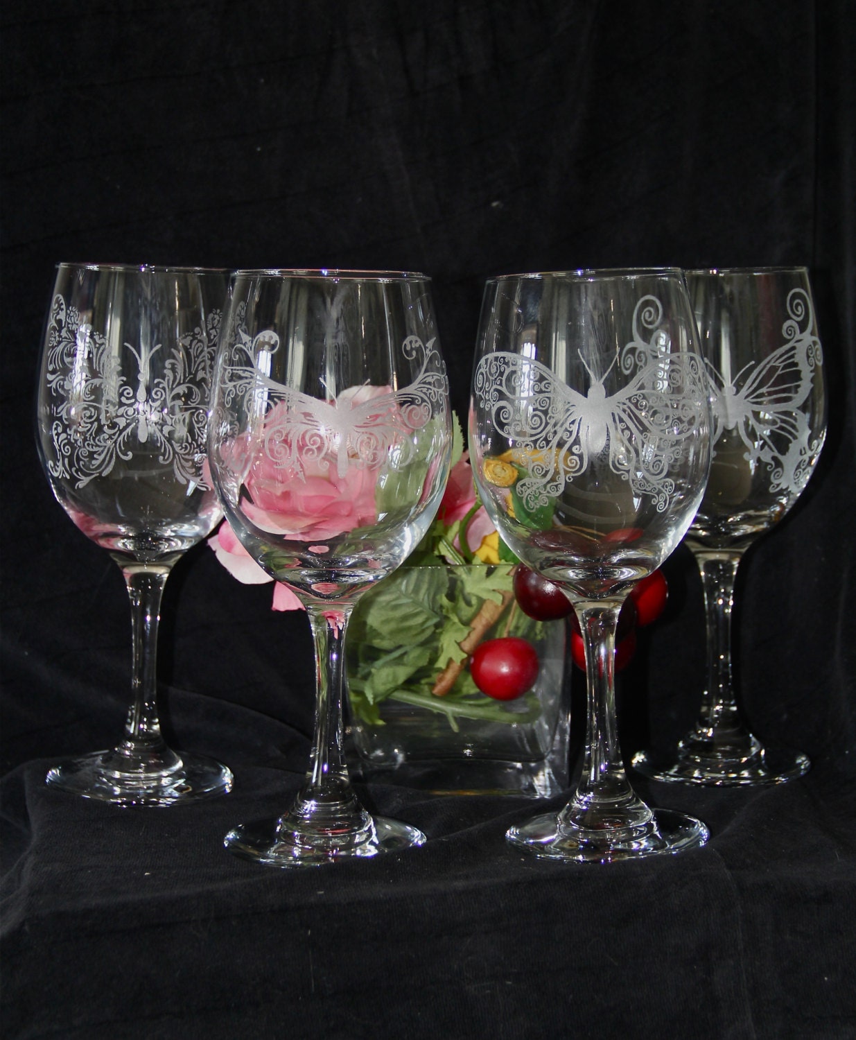 Hand Etched wine glasses Set of 4 different butterflies.