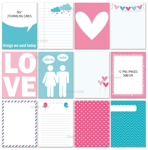 Valentine's Day Journal Cards - Printable Digital 3x4 Pocket Cards - Project Life - Instant Download