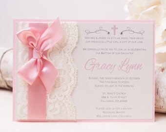 20% OFF - GRACY Lace Invitation, Pink Baptism Invitation, Christening Invitation, Baby Shower Invitation, Bow Invitation