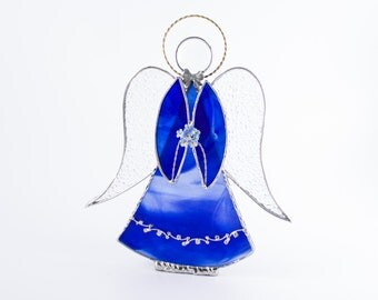 Broche Vintage Ange En Verre Vitrail Bleu Et Étain - Fait Main - Réf. T150