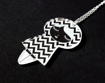 Doll necklace with chevron pattern - graphic matriochka pendant - cute kokeshi jewelry - lasercut acrylic - kawaii jewellery