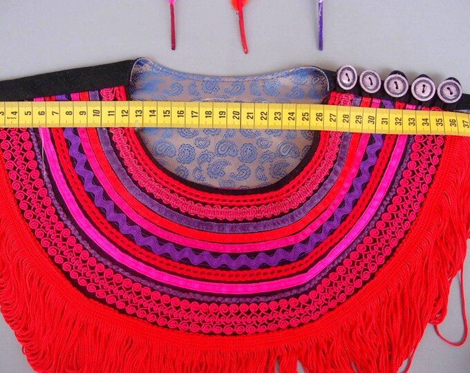 Eclectic Necklace, Red Fringe Ethnic Necklace, Shamanic Purple Red Tribal Bib Collar, Fashion Necklace, Textile Jewellery, Boho Necklace