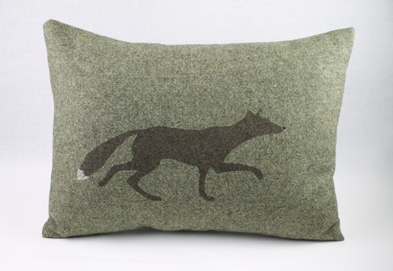 Hand printed Fox pillow moss green woollen decorative pillow.