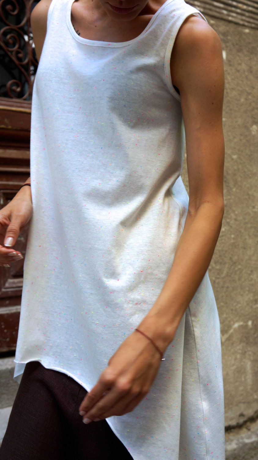 SALE ORGANIC COTTON New White Loose Tank Top / Neon Tiny