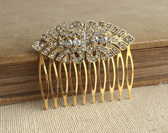 Gold hair comb, Gold Art Deco Comb, Gold hair accessories, Art Deco headpiece, head piece rhinestone PALE GOLD EYE