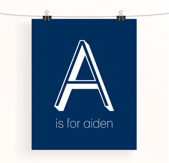 Navy blue nursery print letter A is for aiden baby by madebyaiza