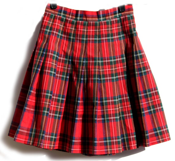 Plaid School Girl Skirt in Red Green Pleated w by cherryREVOLVER