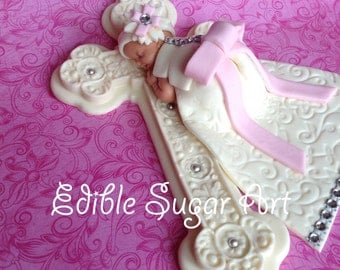 BAPTISM CAKE TOPPER Baby Girl Christening gown BaptismDiamond studded dress communion dress cross baptism