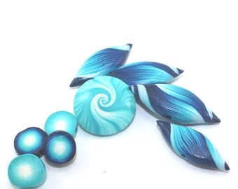 Polymer Clay beads, swirl lentil bead and leaf shaped beads in blue, turquoise and white, unique pattern, elegant set of 9 beads