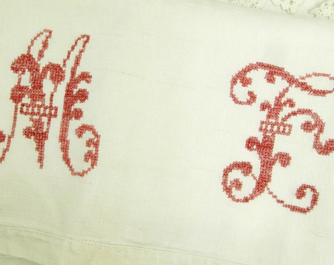 Large Antique French Hand Embroidered Monogram Red Cross Stitch M F on Large Cotton Metis Cloth/ Shabby Chic/ Home Interior / French Country Large Antique French Hand Embroidered Monogram Red Cross Stitch M F on Large Cotton Metis Cloth/ Shabby Chic/ Home Interior / French Country