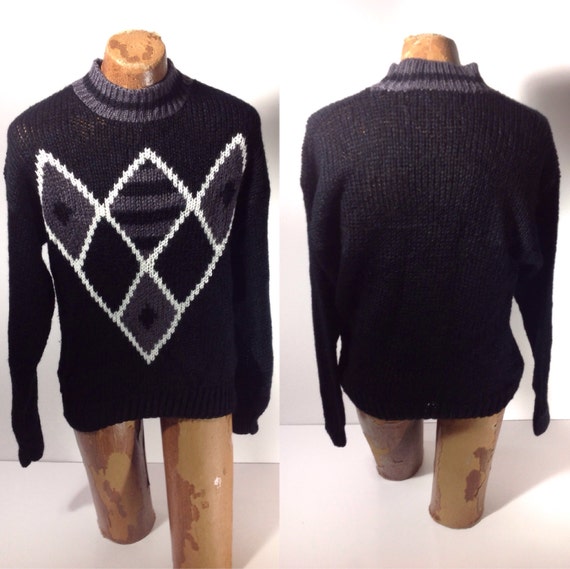 Vintage Mens Sweater Black Argyle 1990s Retro by ASECONDHANDSHOP
