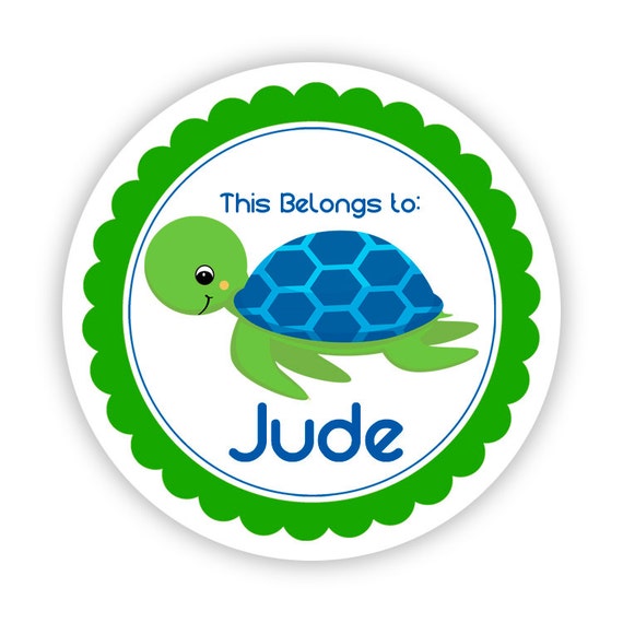 Personalized Sticker Name Labels - Green Blue, Ocean Creature, Sea Turtle Name Tag Stickers - 2 ...