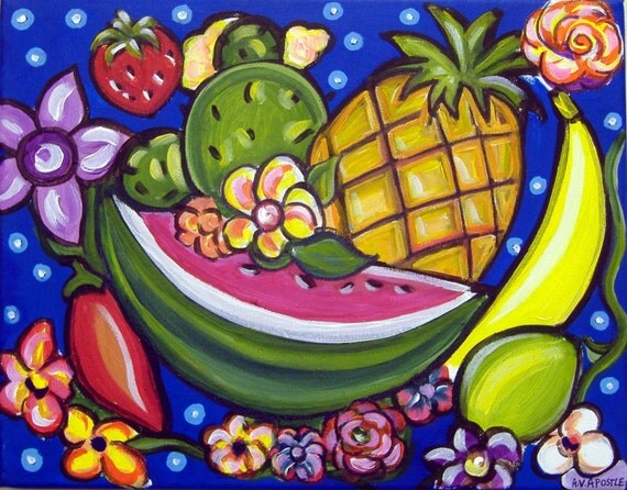 Mexican Folk Art TROPICAL FRUIT PRINT Signed By Artist