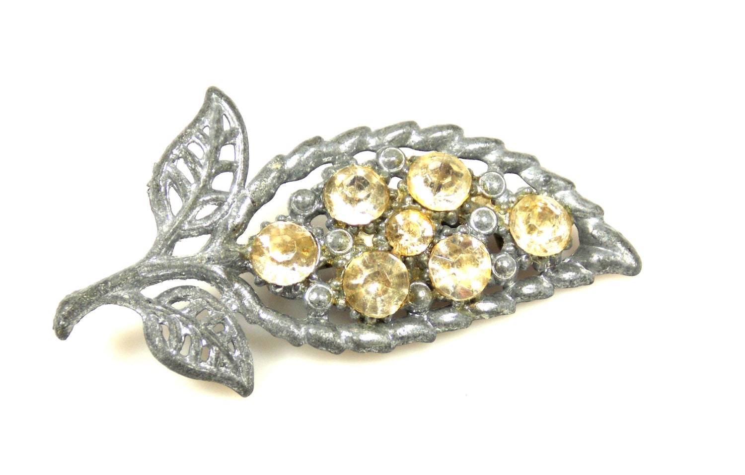 Yellow Rhinestone Pot Metal Leaf Brooch Vintage Haute Juice