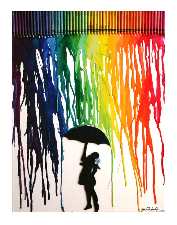 Items similar to 11 x 14 Rainbow Rain Umbrella Girl Crayon Art Print on ...