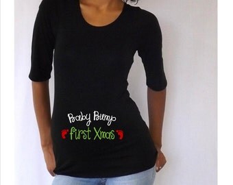 Christmas Maternity Shirt " Baby Bump First Xmas" Stylish 3/4 sleeves Choose your Size S, M,L,XL