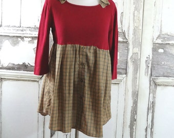 Sale Red and Brown Upcycled Tunic Dress Bohemian Clothing Upcycled Dress Eco Fashion Upcycled Clothing