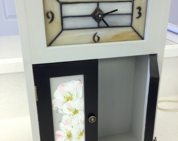 Solid Wood Cabinet with Stained Glass Clock, Decorated with Dogwood Flowers