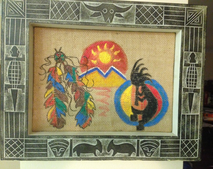 Solid Wood Shadow Box Frame - Primitive Design done on Burlap Canvas with Fabric Paints