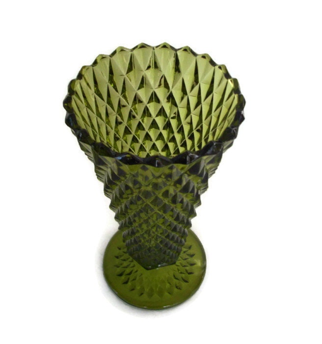 Vintage 50's Avocado Green Cut Glass Vase Diamond Cut