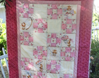 Handmade Baby Quilt Blanket Pink Roses and Cute Mice