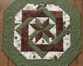 Fall Quilted Table Topper Brown Green Cream Pine Cones Quilt Earth Tone Quilt Winter Quilt Quilted Table Runner