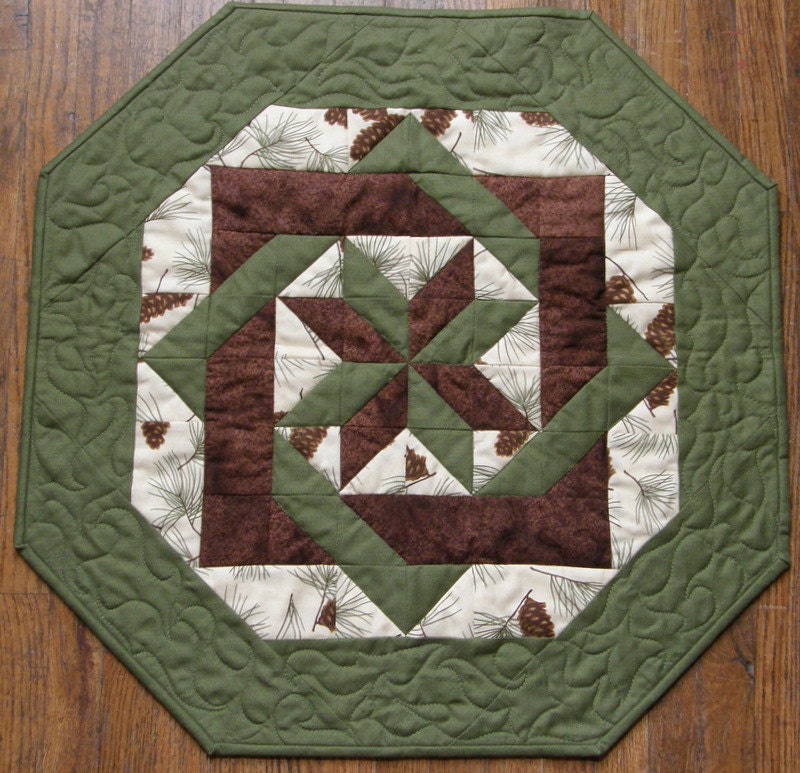 Fall Quilted Table Topper Brown Green Pine Cones Quilt Earth