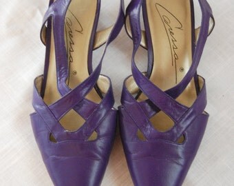 vintage 80s cut out purple sling back leather heels sandles - size 8 M