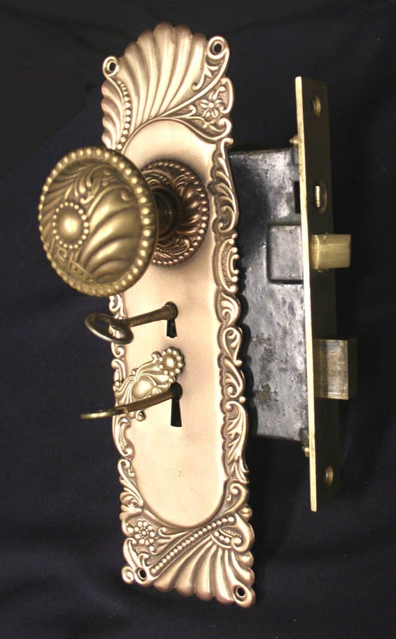 Antique Art Nouveau Roanoke Bronze Entry Door Lockset Set