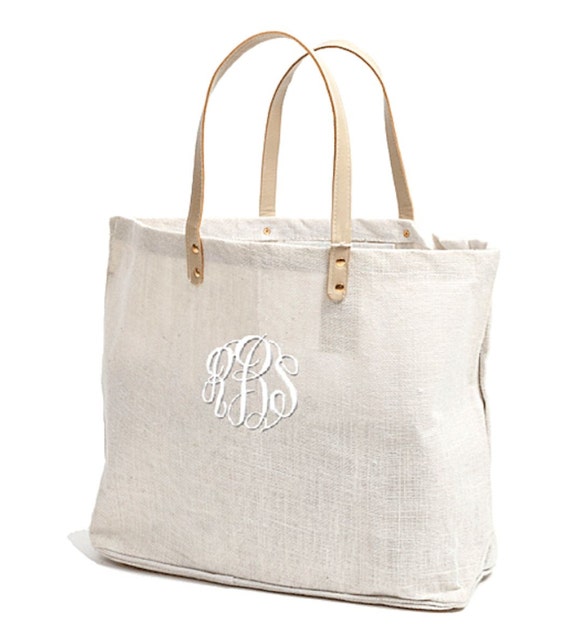 Monogrammed Jute Tote Bag in White by PremiereEmbroidery on Etsy