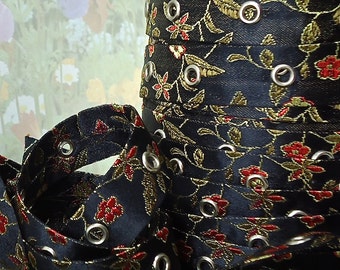 1yd Eyelet Metal Grommet Tape on Double Sided Black Satin Floral Fabric 3/4 inch wide Trim