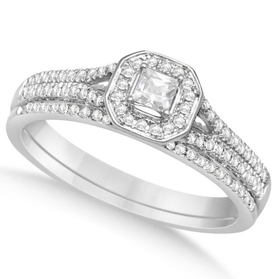 Square Halo Engagement Ring and Wedding Band Set 14k White Gold (0 ...