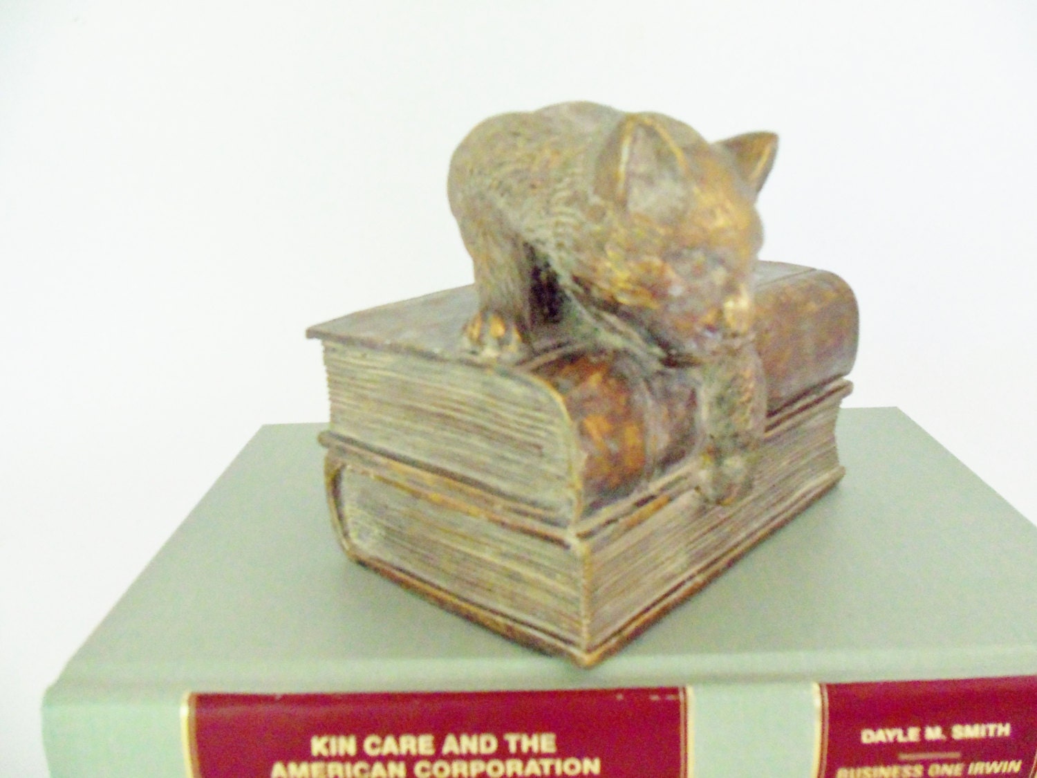 Bookend Cat on Books Stone Cast Cat Bookend Heavy Large Golden