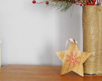 Wooden star with red snowflake, vintage star shaped, Christmas tree ornament, Christmas crafts supplies