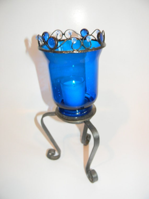 Blue Glass Candle Holder on Wrought Iron by prettifiedcreations