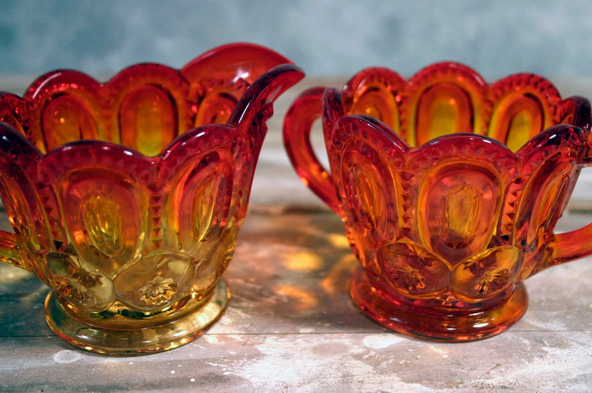Vintage L. E. Smith Amberina Moon and Star Cream and Sugar Bowl Haute