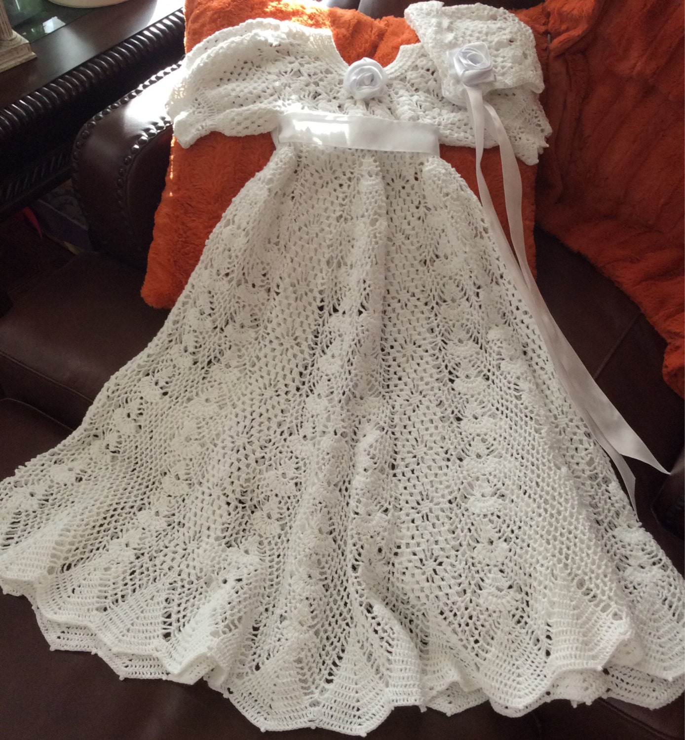 Heirloom quality hand crochet baby christening gown and cap