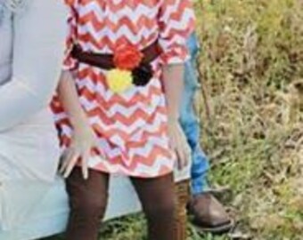 Orange white chevron thanksgiving halloween fall peasant dress or tunic with brown sash and shabby chic flowers.