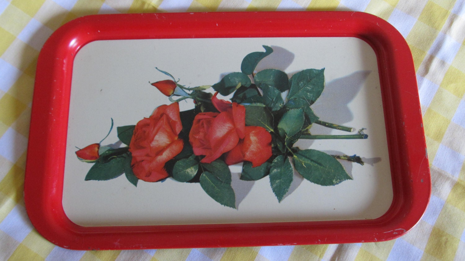 1960 Metal Serving Tray; Red Roses on metal tray; serving tray; kitchen
