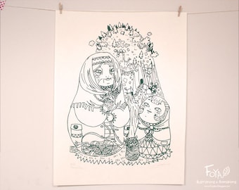 SALES Matriochkas: grand mother and little girl knitting together - Handmade Serigraphy A3, Limited Edition