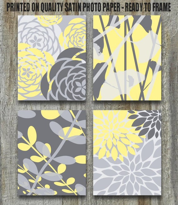 Yellow and Gray Art Print Set of Four Flowers and Botanical