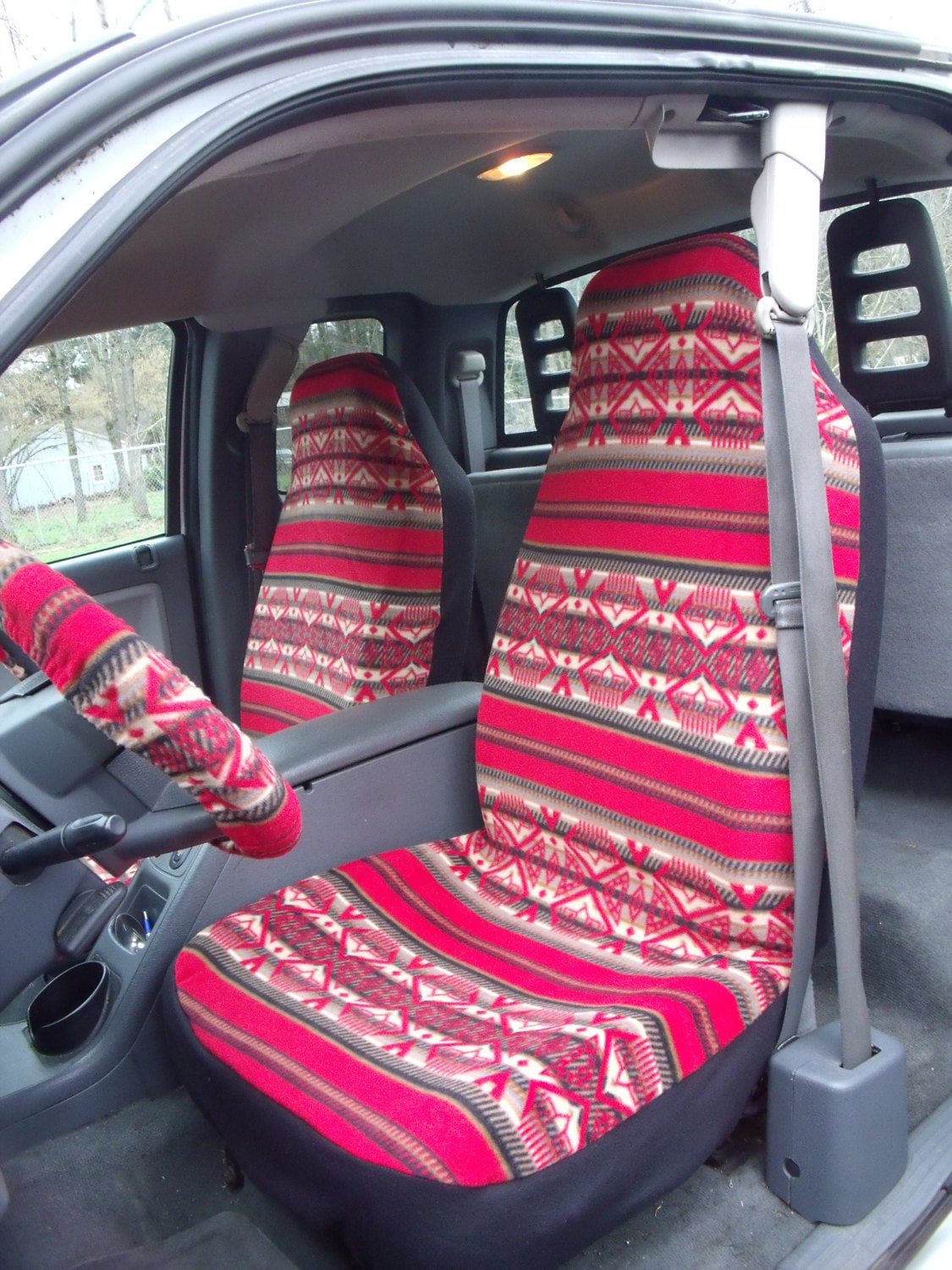 1 Set of Red Aztec Print Seat Covers and Steering Whee Cover