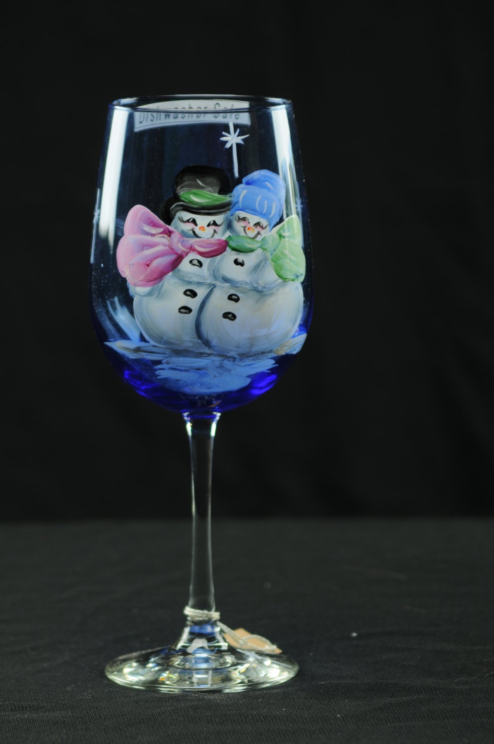 Hand Painted Large Wine Glass / Snowman Couple On Blue Glass