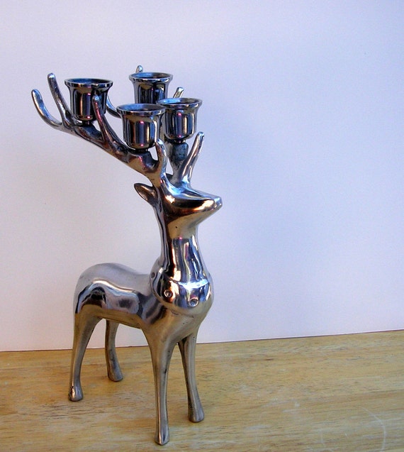 Vintage Heavy Silver Metal Deer Reindeer Figure Candle Holder