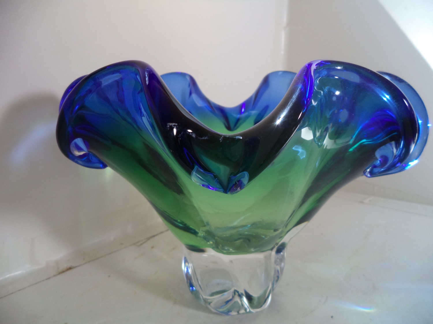 Vintage Art Glass Bowl BlueGreenClear by DelightsbyJudy on Etsy
