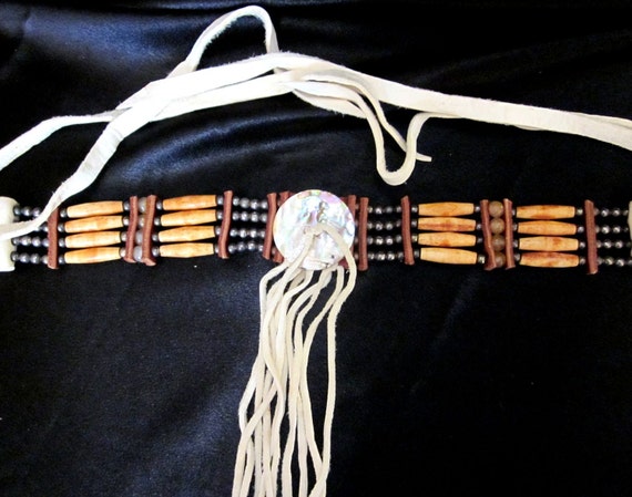 Leather beaded choker Cherokee Native Indian necklace doe skin